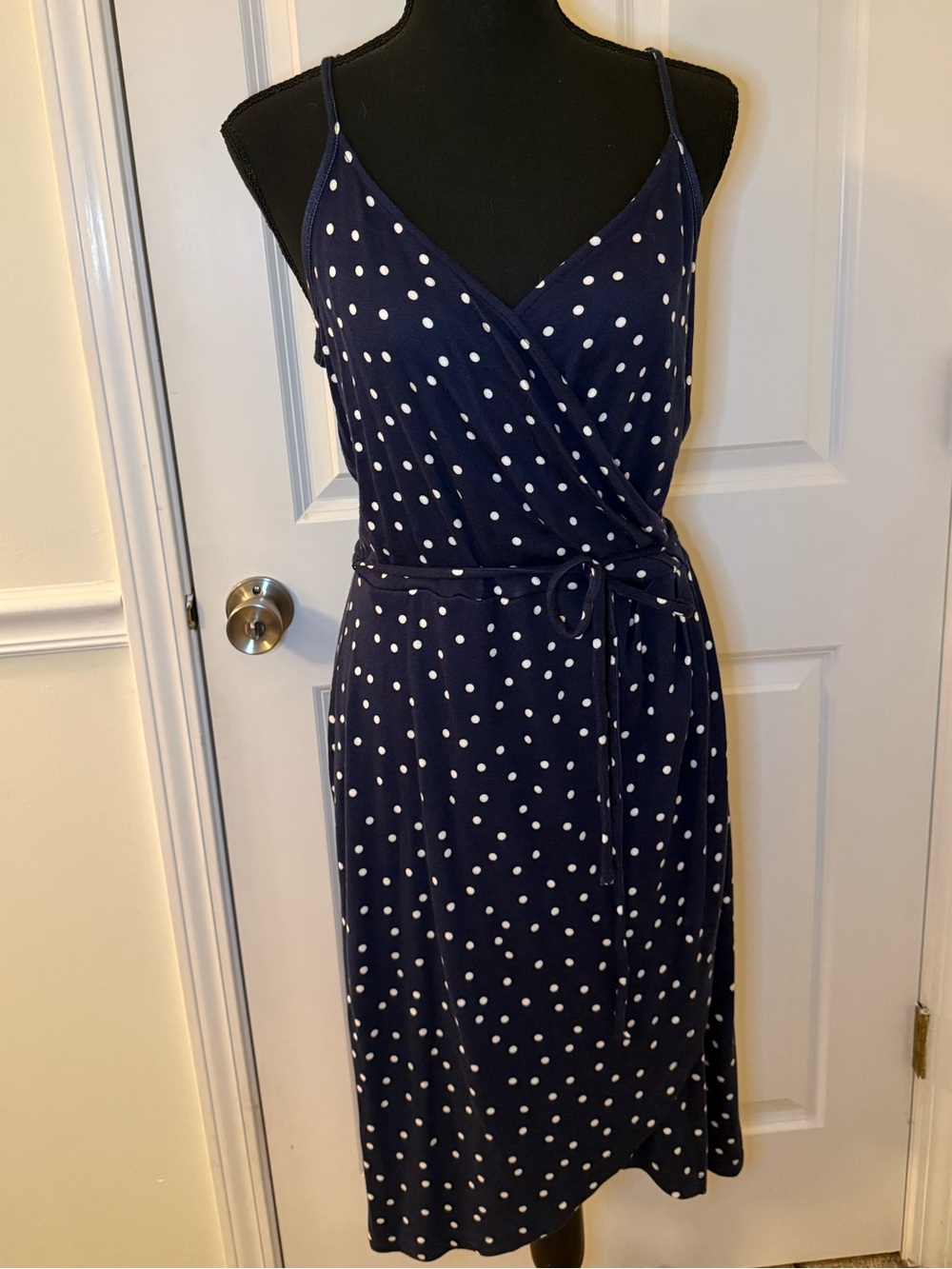 Market & Spruce Navy and White Polka Dot Wrap Midi Dress
